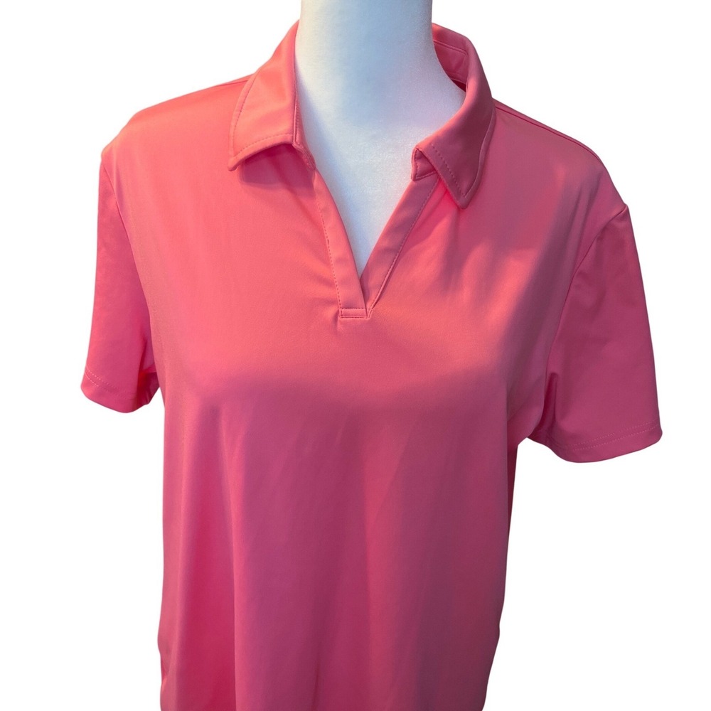 New Women Pink VNeck Athletic Polo Shirt Short Sleeve Golf Tennis Top Size Large - Picture 2 of 5